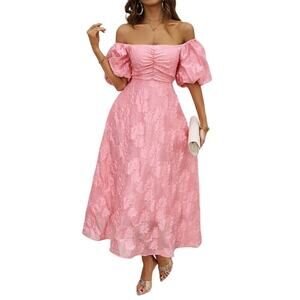 De Vave Women's Pink Floral Off-Shoulder Puff Short Sleeve Midi Formal Dress